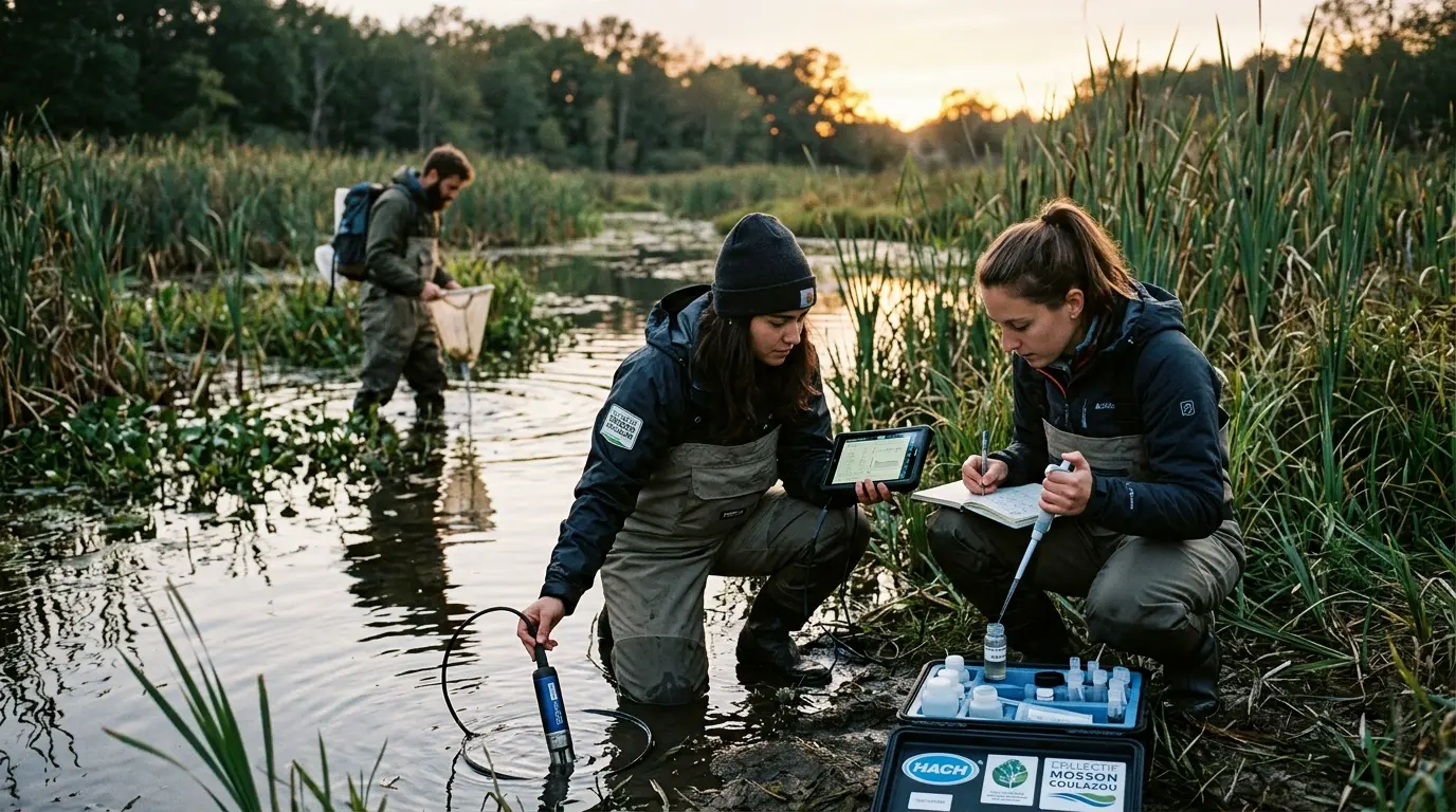 Membres du collectif en mission d'analyse physico-chimique le long des cours d'eau